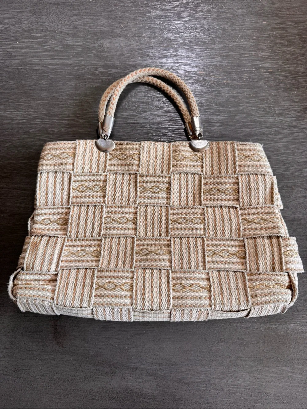 Meucci Italian Woven Shoulder HandBag Purse Tan Gold